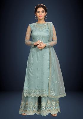 Sky Blue Embroidered Net Salwar Kameez With Dupatta