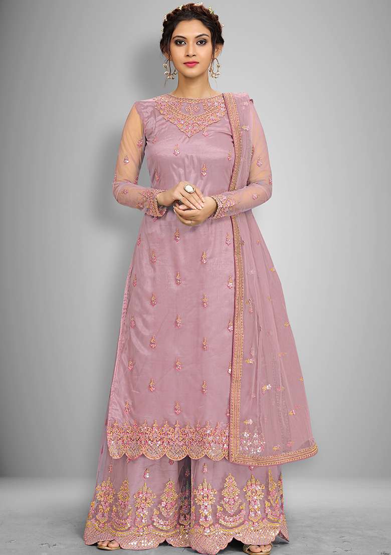 Peach Embroidered Net Salwar Kameez With Dupatta - Indya