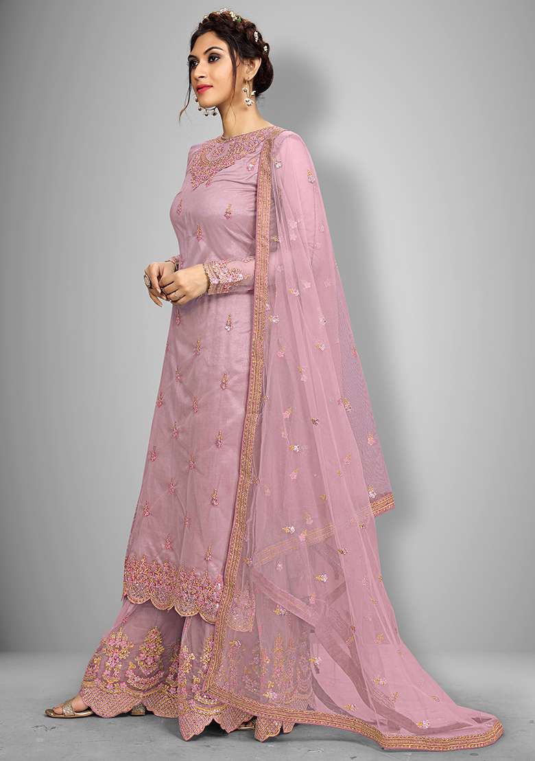 Peach Embroidered Net Salwar Kameez With Dupatta - Indya