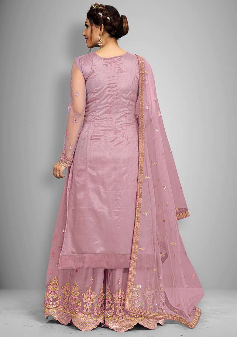 Peach Embroidered Net Salwar Kameez With Dupatta - Indya