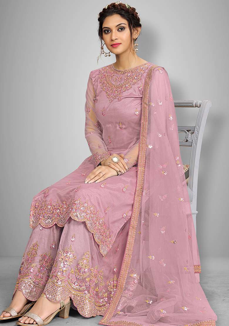 Peach Embroidered Net Salwar Kameez With Dupatta - Indya