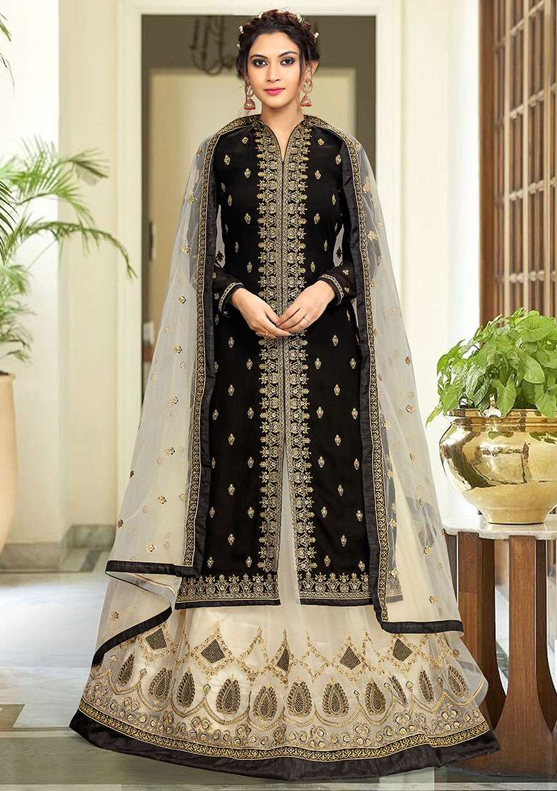 Black Embroidered Georgette Salwar Kameez With Dupatta - Indya
