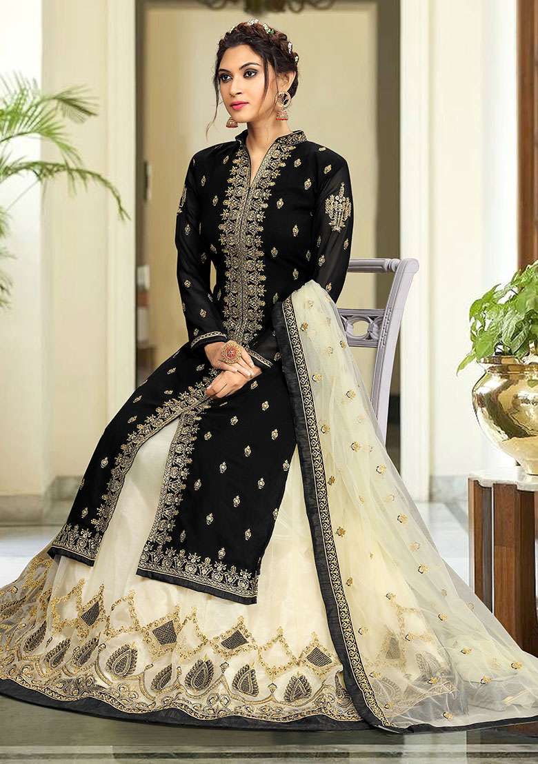 Black Embroidered Georgette Salwar Kameez With Dupatta - Indya