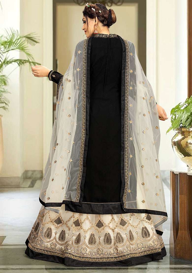 Black Embroidered Georgette Salwar Kameez With Dupatta - Indya