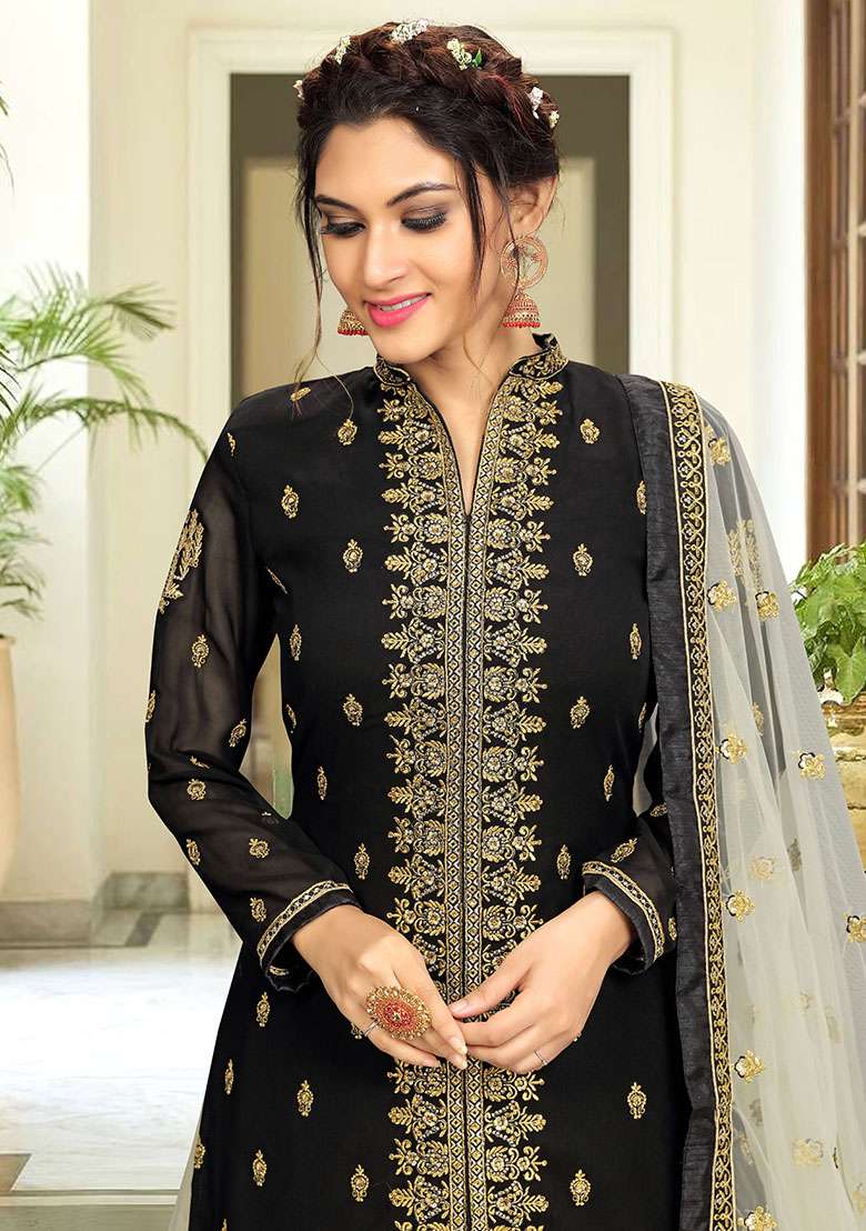 Black Embroidered Georgette Salwar Kameez With Dupatta - Indya