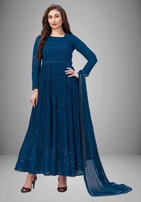 Teal Blue Embroidered Georgette Salwar Kameez With Dupatta