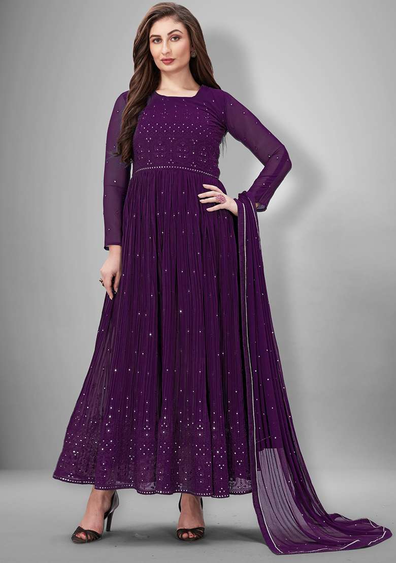 Purple Embroidered Georgette Salwar Kameez With Dupatta - Indya