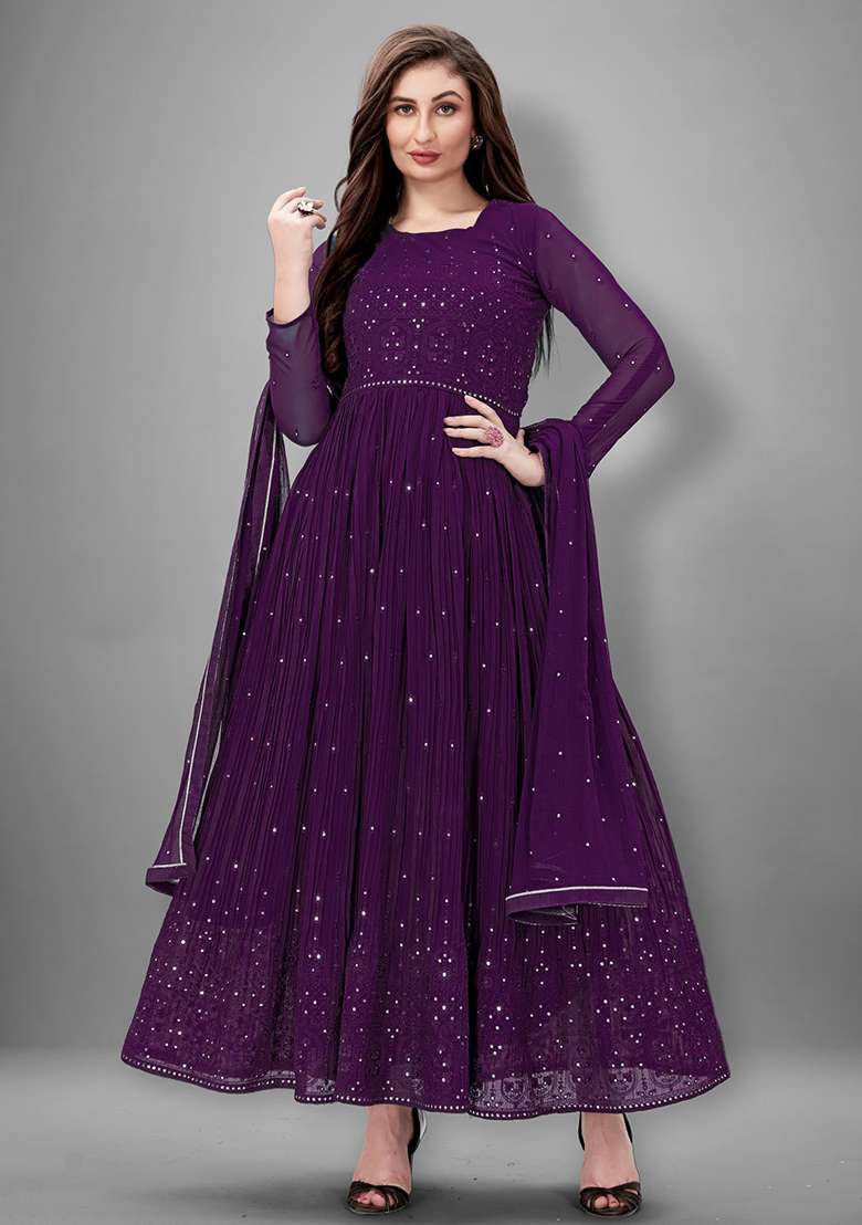 Purple Embroidered Georgette Salwar Kameez With Dupatta - Indya