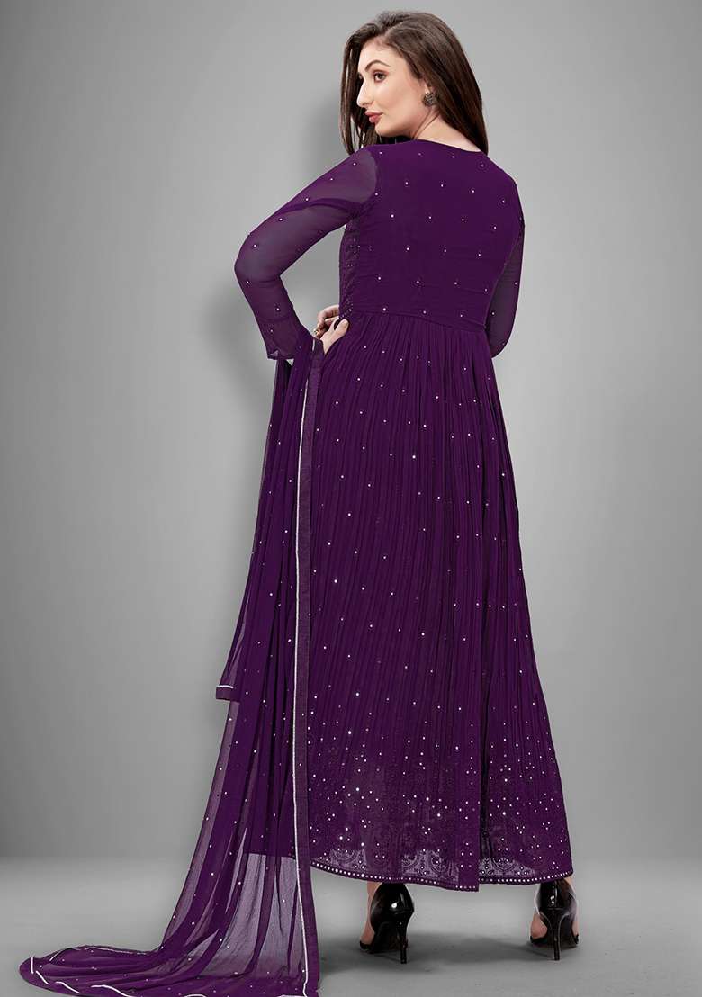 Purple Embroidered Georgette Salwar Kameez With Dupatta - Indya