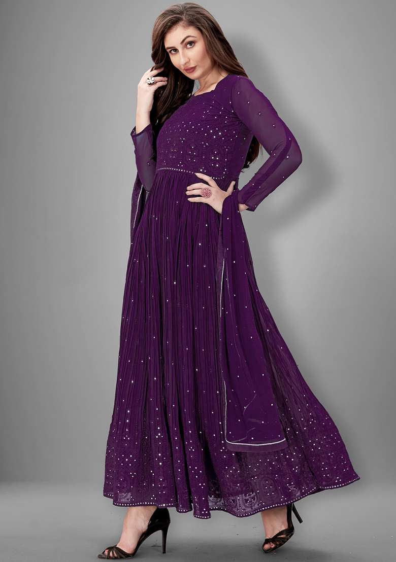 Purple Embroidered Georgette Salwar Kameez With Dupatta - Indya