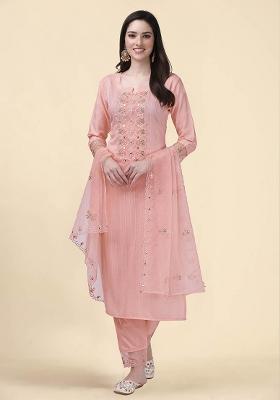 Peachpink Embroidered Cotton Salwar Kameez With Dupatta