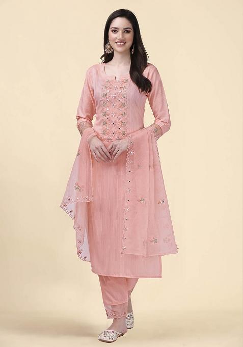 Peachpink Embroidered Cotton Salwar Kameez With Dupatta