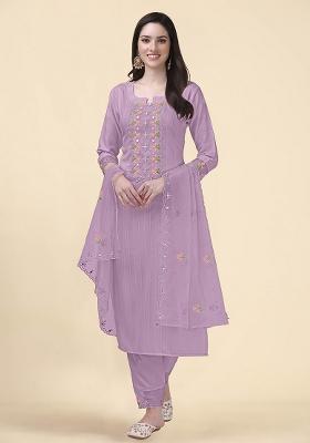 Purple Embroidered Cotton Salwar Kameez With Dupatta