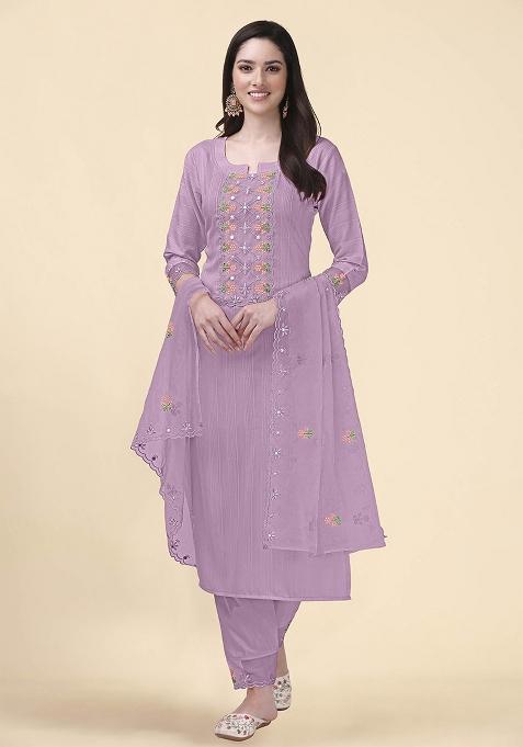 Purple Embroidered Cotton Salwar Kameez With Dupatta