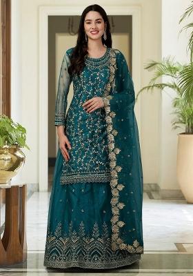 Teal Blue Embroidered Net Salwar Kameez With Dupatta