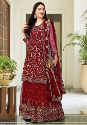 Maroon Embroidered Net Salwar Kameez With Dupatta