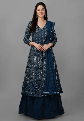 Teal Blue Embroidered Georgette Salwar Kameez With Dupatta