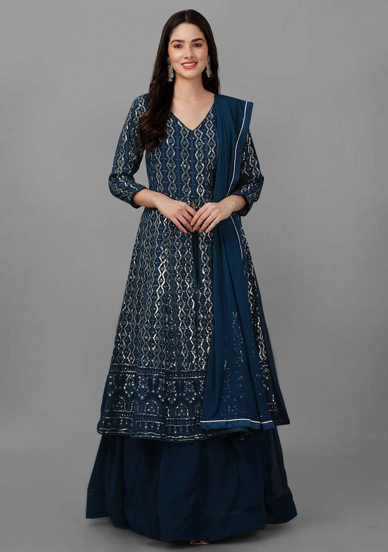 Teal Blue Embroidered Georgette Salwar Kameez With Dupatta - Indya