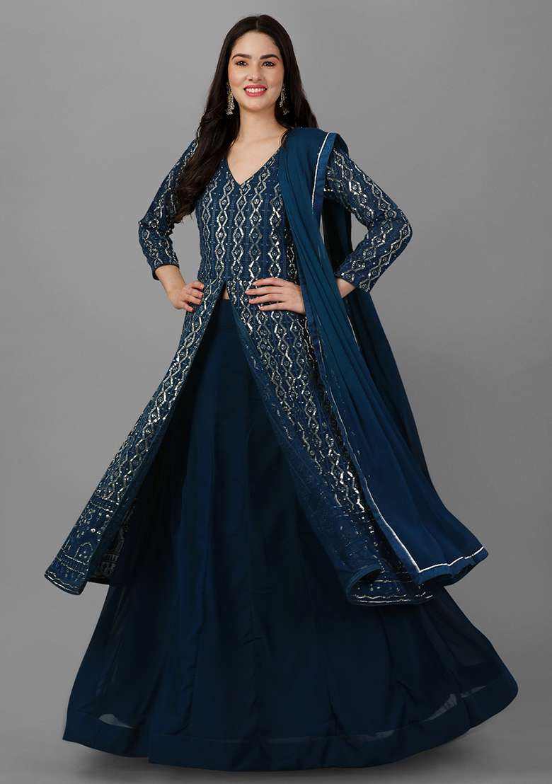 Teal Blue Embroidered Georgette Salwar Kameez With Dupatta - Indya
