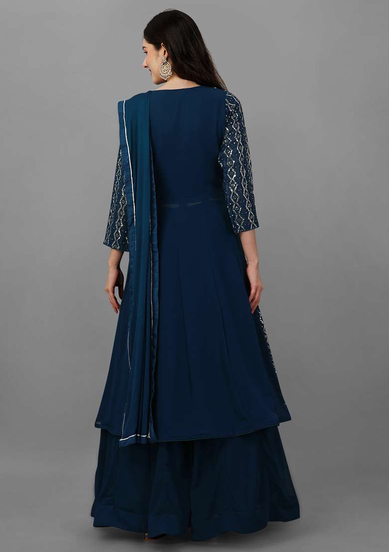 Teal Blue Embroidered Georgette Salwar Kameez With Dupatta - Indya