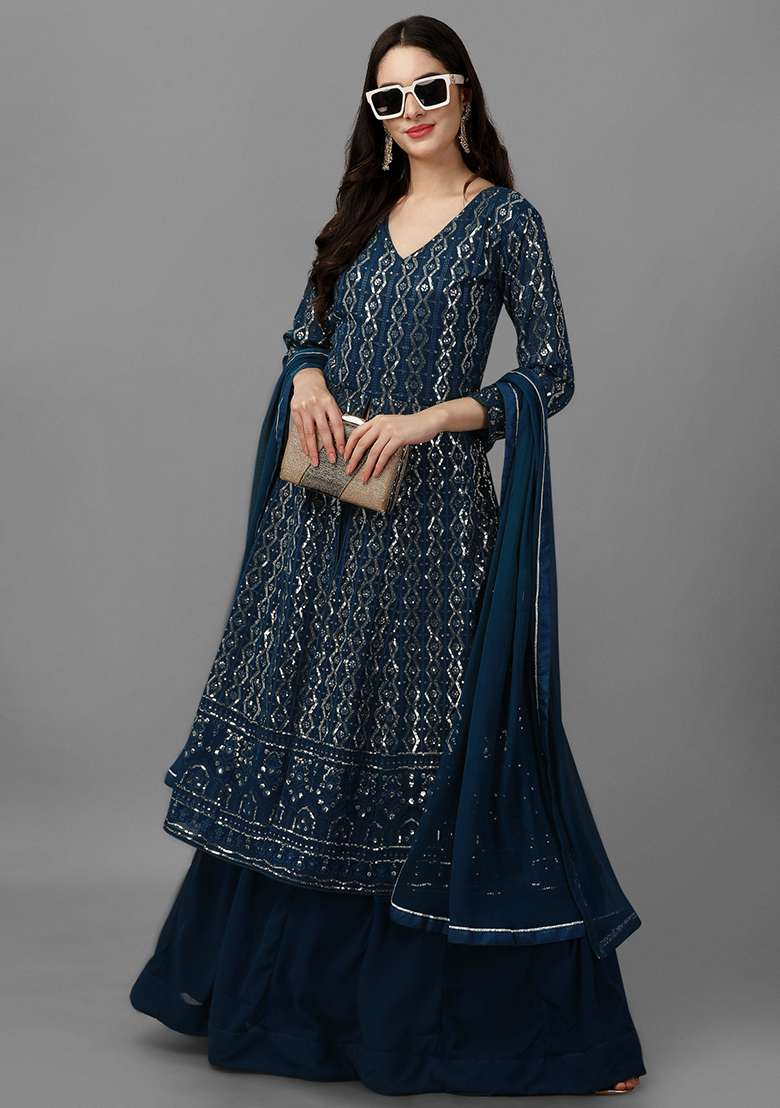 Teal Blue Embroidered Georgette Salwar Kameez With Dupatta - Indya