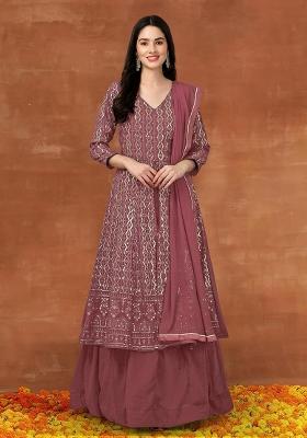 Dark Peach Embroidered Georgette Salwar Kameez With Dupatta