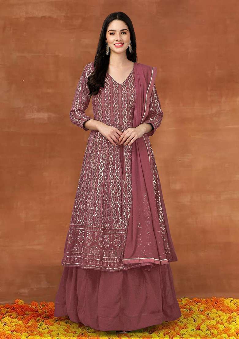 Dark Peach Embroidered Georgette Salwar Kameez With Dupatta - Indya