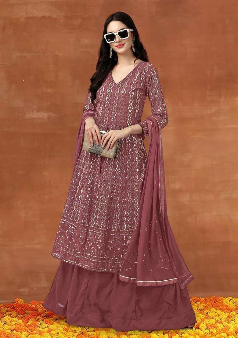 Dark Peach Embroidered Georgette Salwar Kameez With Dupatta - Indya