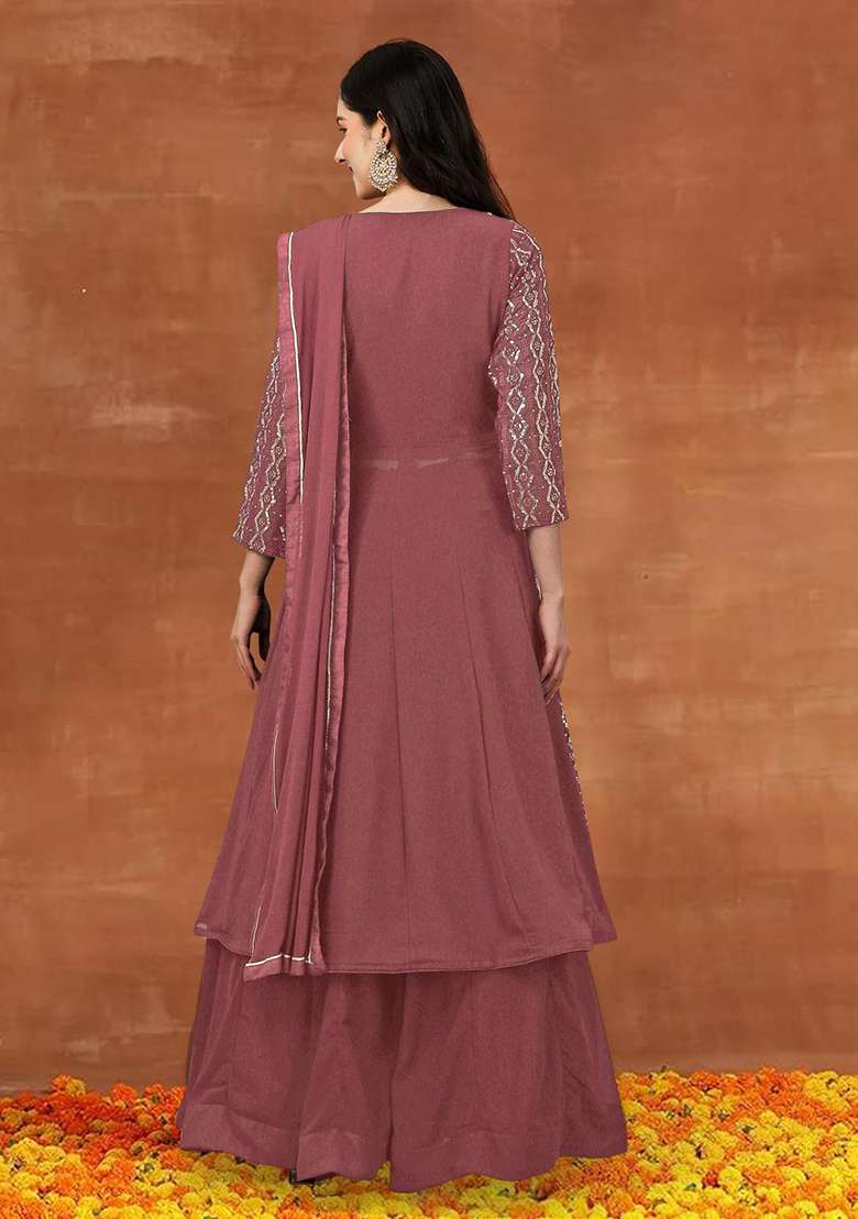 Dark Peach Embroidered Georgette Salwar Kameez With Dupatta - Indya