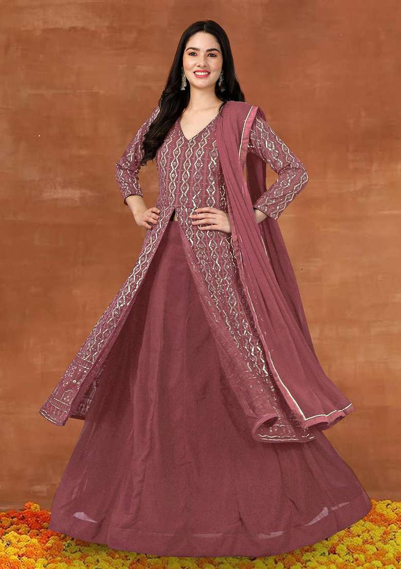 Dark Peach Embroidered Georgette Salwar Kameez With Dupatta - Indya