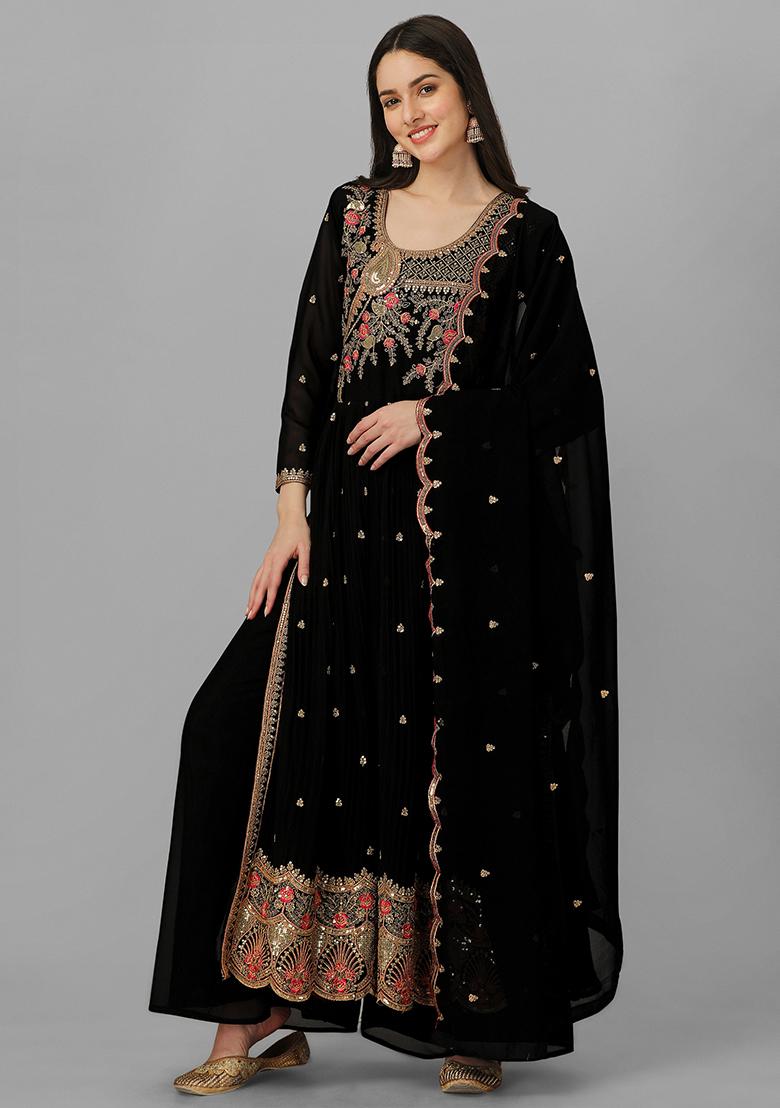 Black Embroidered Georgette Salwar Kameez With Dupatta - Indya