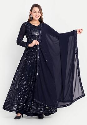 Navy Blue Embroidered Georgette Salwar Kameez With Dupatta