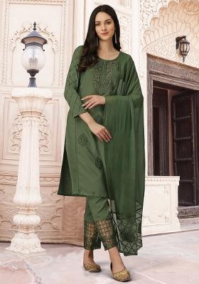 Green Embroidered Cotton Salwar Kameez With Dupatta