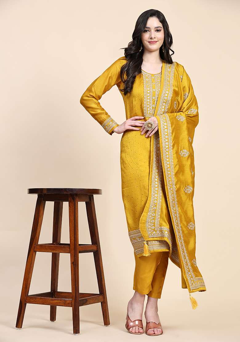 Yellow Embroidered Vichitra Salwar Kameez With Dupatta - Indya