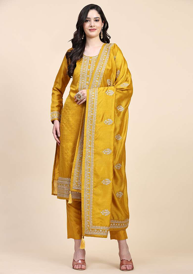 Yellow Embroidered Vichitra Salwar Kameez With Dupatta - Indya