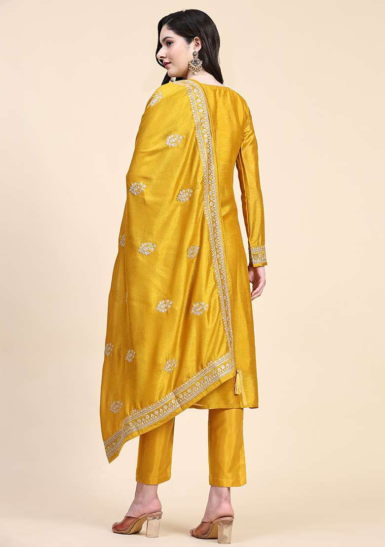 Yellow Embroidered Vichitra Salwar Kameez With Dupatta - Indya