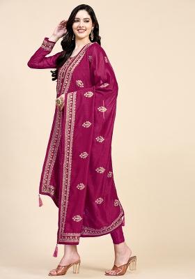 Pink Embroidered Vichitra Salwar Kameez With Dupatta