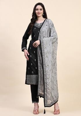 Black Embroidered Satin Salwar Kameez With Dupatta