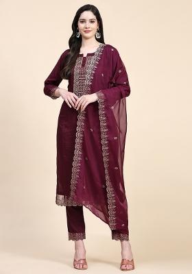Purple Embroidered Cotton Salwar Kameez With Dupatta
