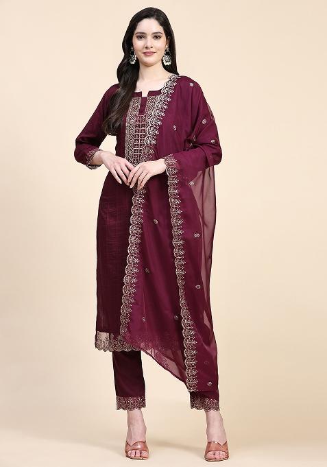 Purple Embroidered Cotton Salwar Kameez With Dupatta