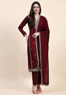 Maroon Embroidered Vichitra Salwar Kameez With Dupatta