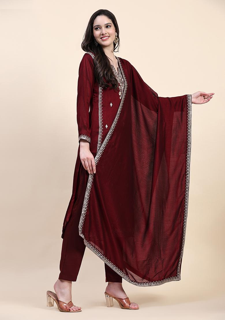 Maroon Embroidered Vichitra Salwar Kameez With Dupatta - Indya