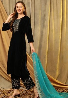 Teal Blue Embroidered Velvet Salwar Kameez With Dupatta