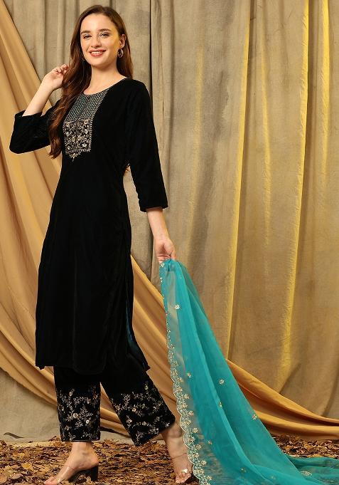Teal Blue Embroidered Velvet Salwar Kameez With Dupatta
