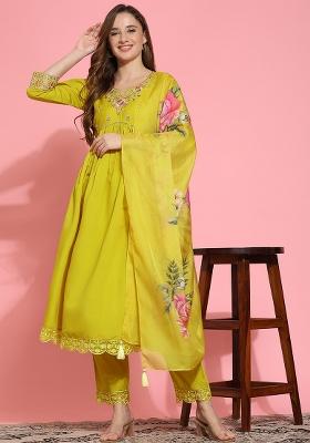 Yellow Embroidered Satin Salwar Kameez With Dupatta