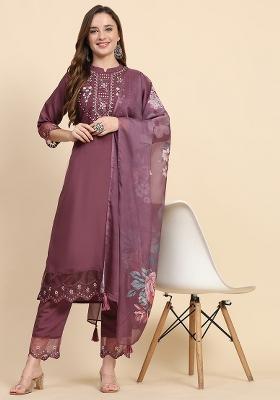 Purple Embroidered Satin Salwar Kameez With Dupatta