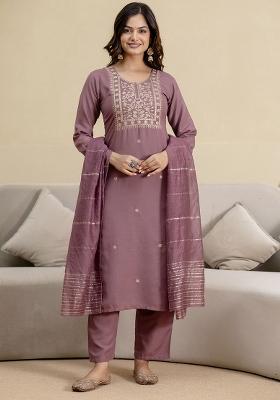 Peach Embroidered Cotton Salwar Kameez With Dupatta