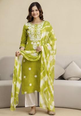 Light Green Embroidered Cotton Salwar Kameez With Dupatta