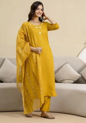 Yellow Embroidered Chanderi Salwar Kameez With Dupatta