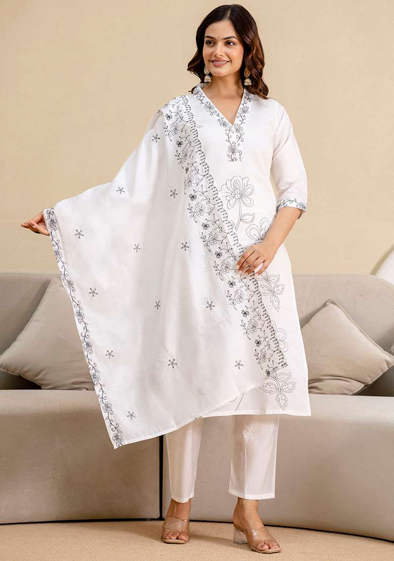 White Embroidered Chanderi Salwar Kameez With Dupatta - Indya